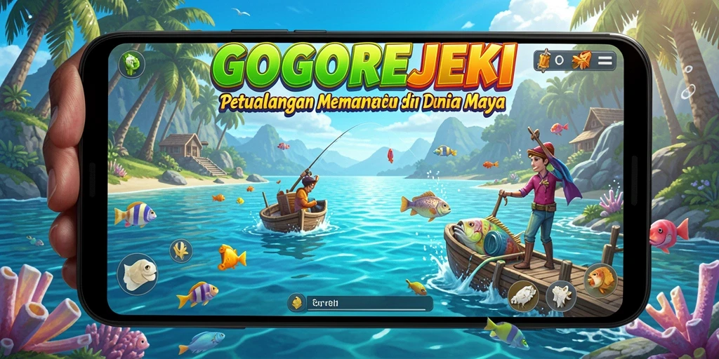 Screenshot utama GOGOREJEKI menampilkan pemain dalam aksi memancing di laut.