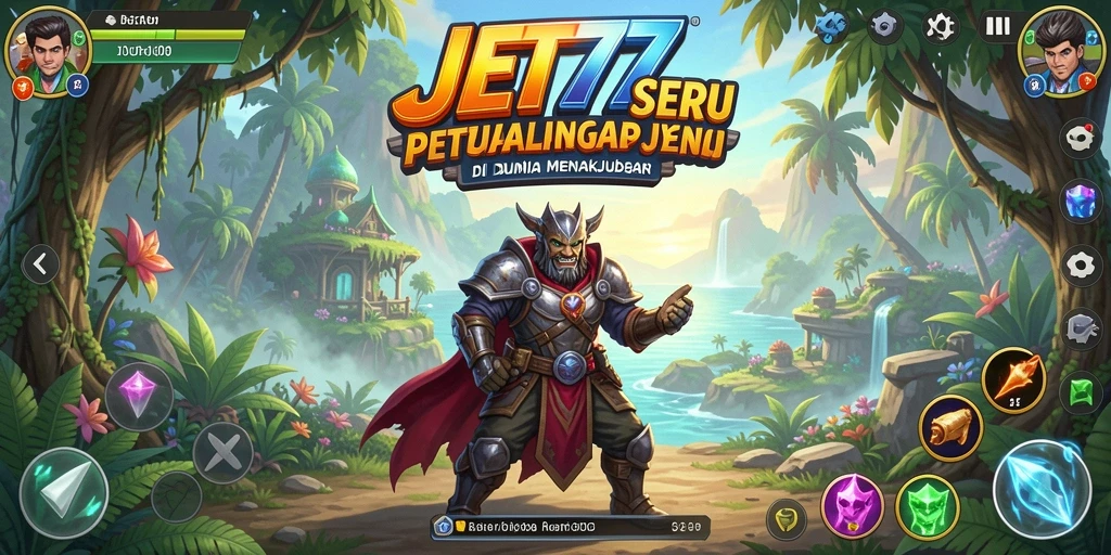 Screenshot utama JET77 menampilkan karakter utama menjelajahi hutan yang indah.