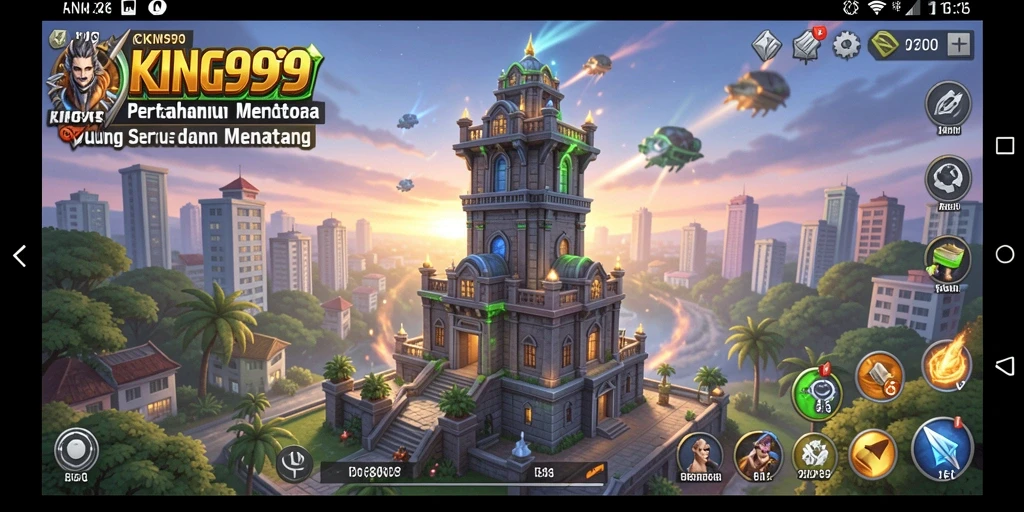 Screenshot gameplay menunjukkan strategi menara yang intens di KING999.
