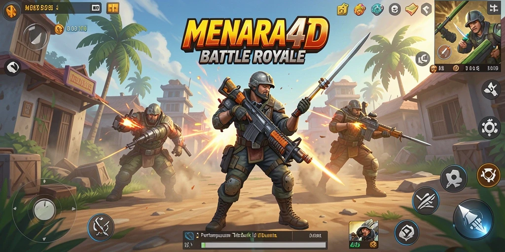 Screenshot MENARA4D menampilkan pertempuran intens Battle Royale.